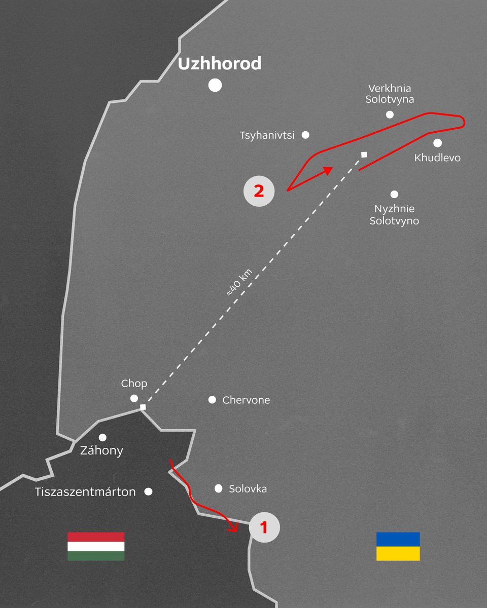 For the blind Hungarian officials. Exact route of yesterday’s drone incursion from Hungary into Ukrainian air space. Our Armed Forces have gathered all of the necessary evidence, and we are still waiting for Hungary to explain what this object did in our airspace.