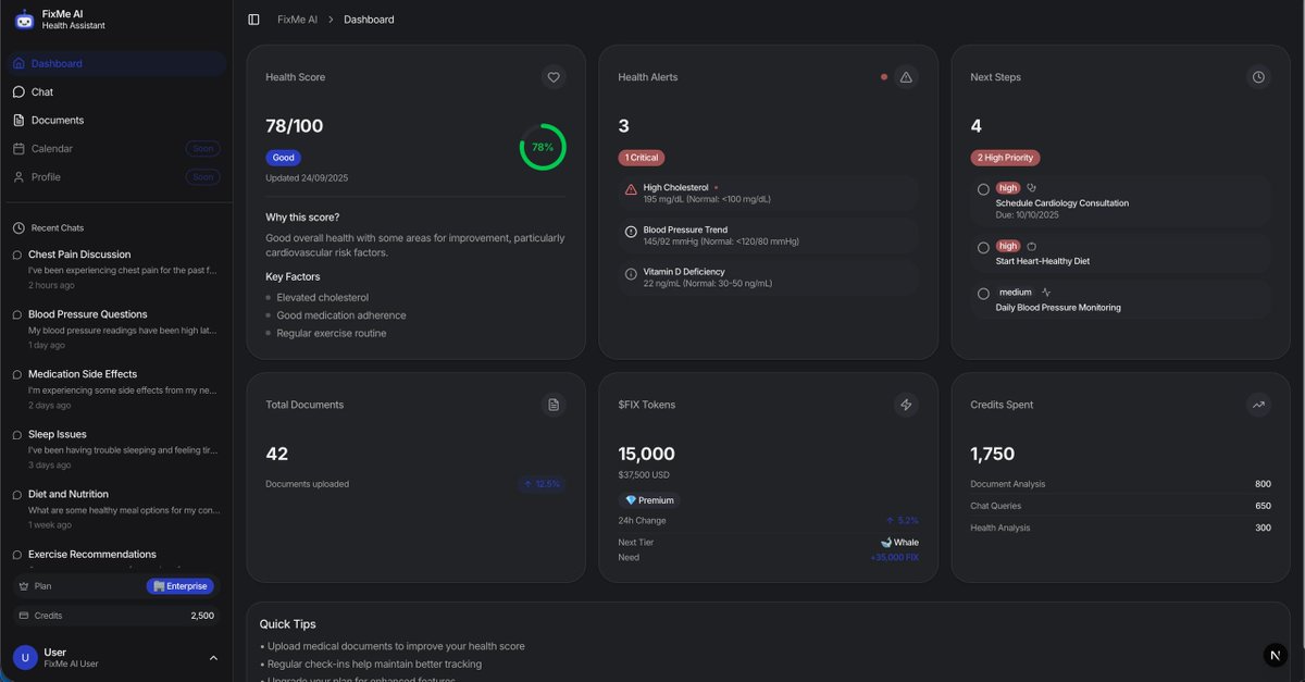FixMe AI Dev Update 🛠️

We’re sharing an early mockup preview of what’s next for $FIX holders and our community. While still in development, it already shows the foundation of the FixMe AI health system.

Progress so far:

Health Score: a real-time metric (0–100) that evolves as