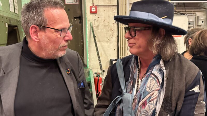 Great shot of Ardi Goldman and me talking about current film consumtion after watching the the great documentation "Maries Vermächstnis" by film maker <a href="/InaKnobloch/">Ina Knobloch</a> at Naxos Hall, an historic industry landmark close the Frankfurt city center.