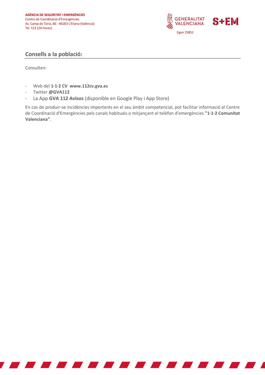 (15:15 h) 🚨El Centro de Coordinación de Emergencias de la <a href="/generalitat/">Generalitat</a> emite un AVISO ESPECIAL ante el episodio de lluvias intensas y tormentas que afectará a la Comunitat Valenciana el lunes y el martes.

⚠Se recomienda extremar la vigilancia y seguridad y prestar atención a