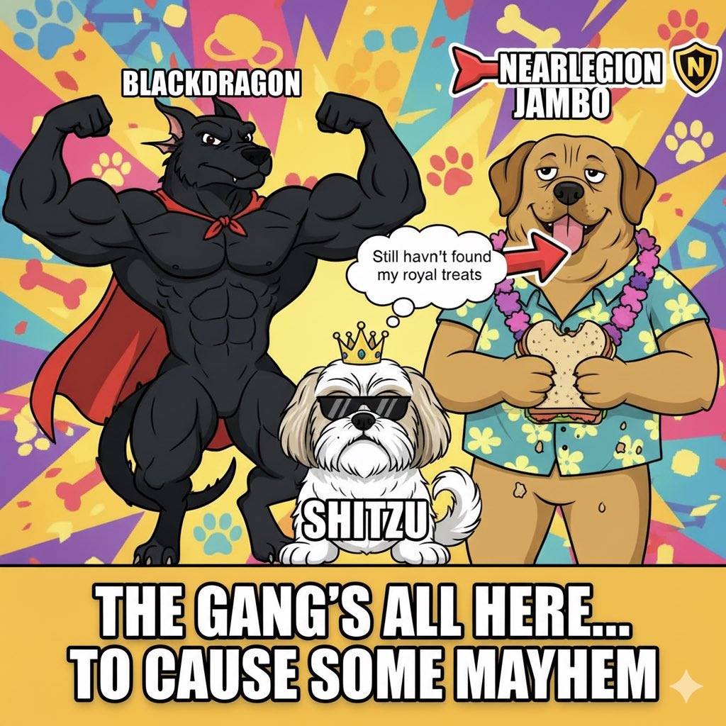 <a href="/NEAR_Blockchain/">NEAR AI Legion</a> 

"The gang's all here to cause some mayhem! Looks like SHITZU is still waiting for those royal treats, while JAMBO (now part of the Near Legion!) is enjoying a sandwich. BLACKDRAGON is ready for anything! What kind of mischief do you think they'll get into