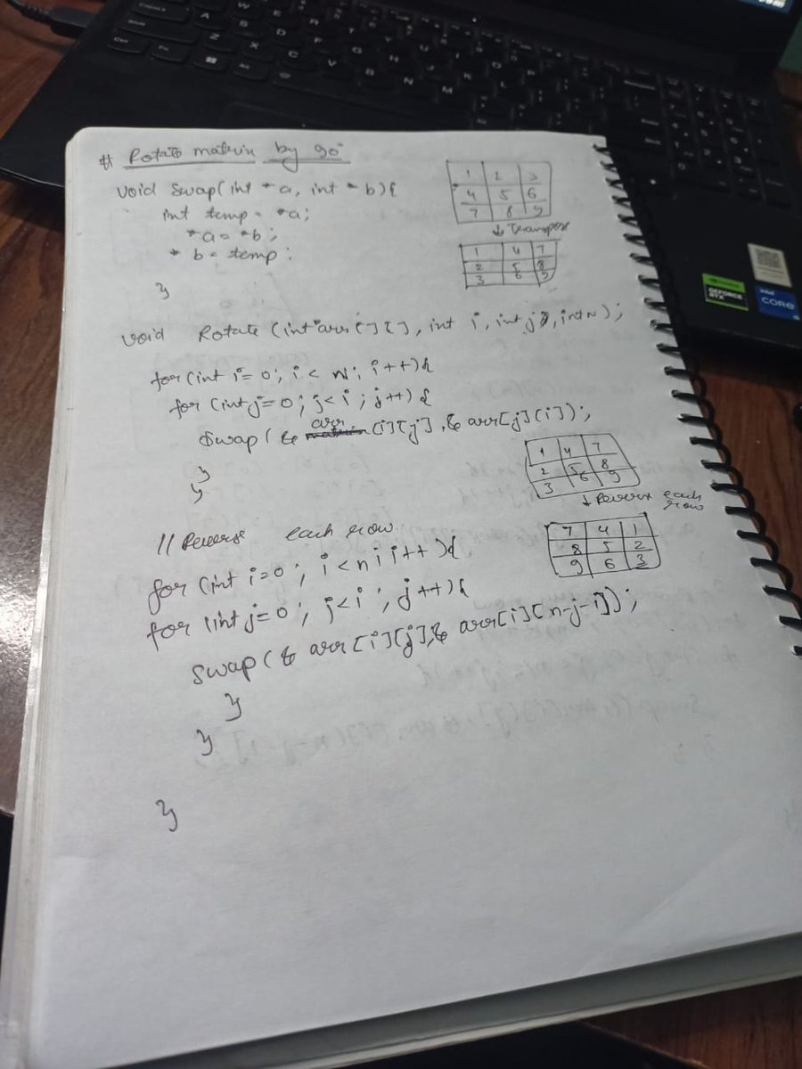 shivam21102005's tweet image. 🚀 Day 53 of #100DaysOfCode

Rotated an n x n matrix 90° clockwise in-place 💻

💡 Approach:
1️⃣ Transpose the matrix
2️⃣ Reverse each row
✅ Used a pointer-based swap function for efficiency
#CPlusPlus #DSA #ProblemSolving #Coding #100DaysOfCode #MatrixRotation