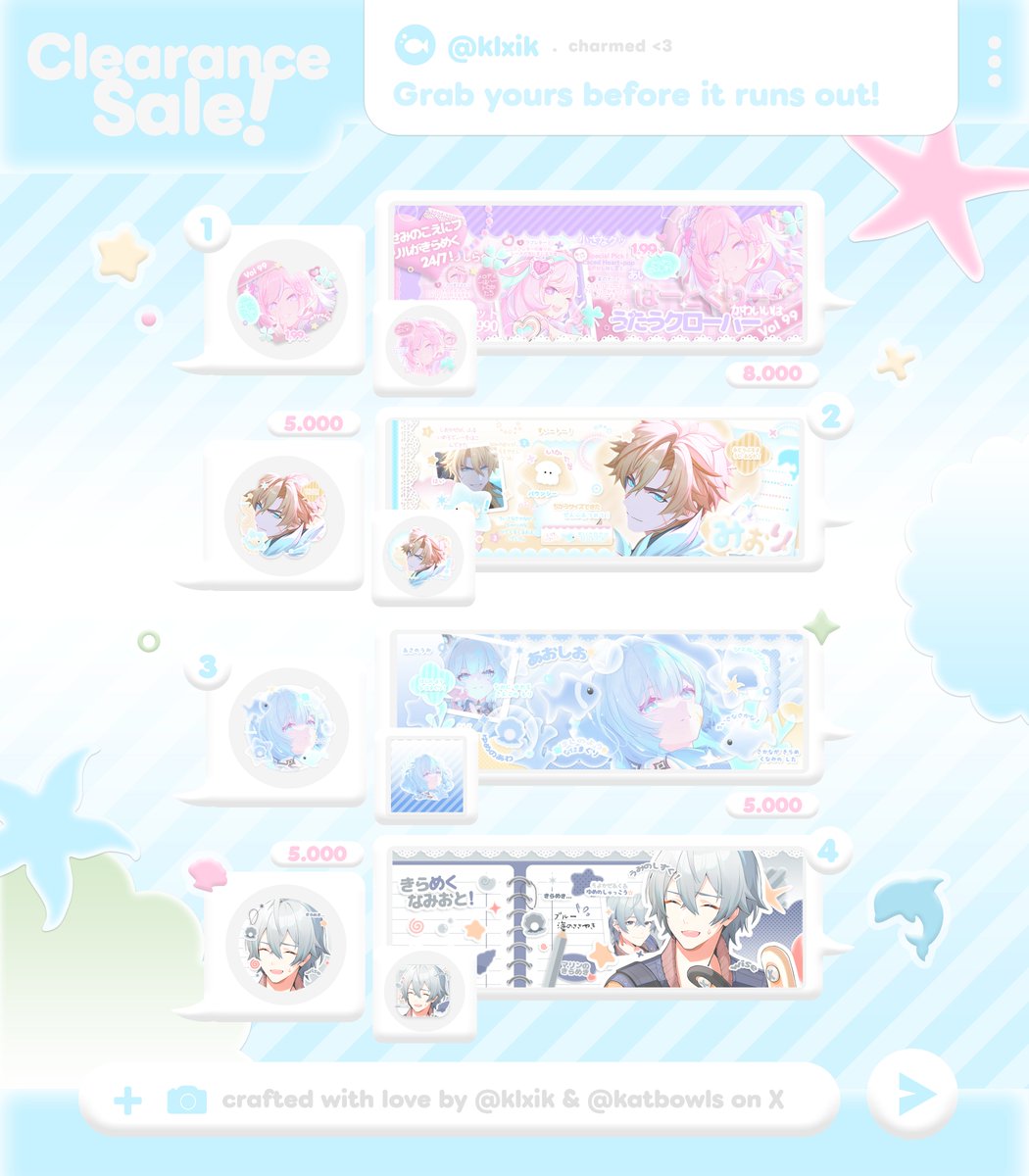 klxik's tweet image. ꩜ any interaction are appreciated !  ›  ☆   

aku ada clearance sale 12 layout genshin, hsr &amp;amp; lainnya ! prici sudah tertera di pic dan bisa langsung di take thru dm yaa, yuk abisinn (•˕ •マ.ᐟ  (1/2)

t. #zonaba #zonauang #zonajajan