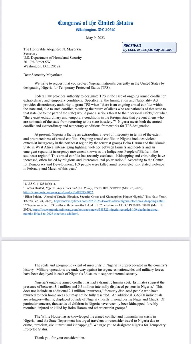ngoziora's tweet photo. Breaking Update; 

Congress of the United States Washington DC

Designating Nigeria for Temporary Protected Status (TPS) signed by 22 Members of  the US Congress (attached)

Numbers 1 and 3 conditions have been fully met : (read 4 letters attached): 

Nigeria Nationals,  and United States of Biafra USB Citizens all over the world should not be removed; Finland Note

“The Secretary of Homeland Security may designate a country for TPS and extend or
terminate a country’s existing TPS designation based upon specific statutory criteria. In order to
designate a country for TPS or extend a country’s TPS designation, the Secretary must find one
or more of the following: (1) there is an ongoing armed conflict within the country that would
pose a serious threat to the personal safety of the country’s nationals if they were returned; (2)
there has been an environmental disaster resulting in a substantial, but temporary, disruption of
the living conditions in the area affected, the country is temporarily unable to handle adequately
the return of its nationals, and the country has officially requested TPS designation; or (3) there
exist extraordinary and temporary conditions in the country that prevent nationals from returning
in safety, and the Secretary does not find that permitting the country’s nationals to remain
temporarily in the United States would be contrary to the national interest of the United States” -  
Ur M. Jadou US Homeland Secretary Director 

@realDonaldTrump @DHSgov @alexstubb @HQNigerianArmy @officialABAT @MELANIATRUMP @CNN @cnnbrk @BBCBreaking @SkyNews @FoxNews @SaharaReporters @tribunnews @jihadwatchRS @mats56455 @HillaryClinton @MichelleObama @BarackObama @USArmy @UNHumanRights @NATO @antonioguterres @StateDept @USBGovernment @_AfricanUnion