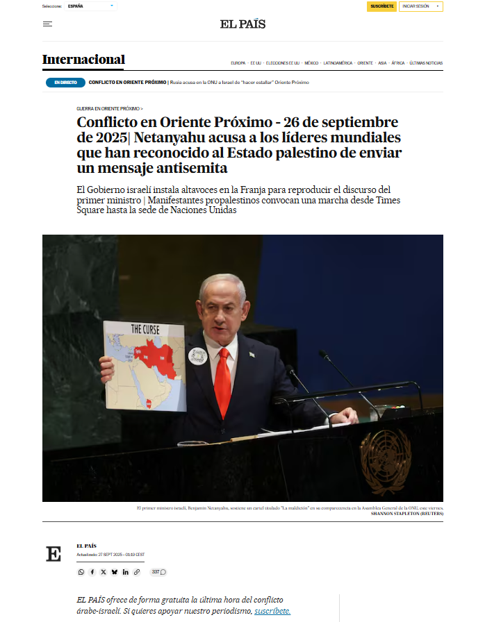 asanGarzon's tweet photo. UNA ESTAMPIDA VERGONZOSA

La huida en manada de los representantes de la ONU ante el discurso de Netanyahu no fue un gesto de dignidad, sino un espectáculo insolente, teatral y profundamente vergonzoso. Un desaire de ese calibre no solo ofende al primer ministro israelí, sino que degrada a la propia institución, que -según su carta fundacional- nació con la misión solemne de “mantener la paz y la seguridad internacionales”.

¿Qué paz, qué seguridad, qué respeto al derecho internacional puede reivindicar una organización cuyos miembros practican la estampida como protesta? Si la ONU no es capaz de garantizar un mínimo de escucha -aunque sea crítica- a los representantes de un Estado miembro, ¿qué credibilidad le queda?

Negarse a oír lo que tenga que decir Israel —único Estado democrático en la región, guste o no— no es precisamente “fomentar las relaciones amistosas entre las naciones”, ni “promover la cooperación internacional”. Más bien parece la versión diplomática del portazo adolescente: ruidoso, vacío y autodestructivo.

Se puede disentir de Netanyahu, se le puede rebatir con dureza y hasta desmontar su discurso con datos y argumentos, pero darle la espalda no es un acto de valentía moral: es una confesión de impotencia. Y lo que es peor, es un gesto que revela la creciente islamización ideológica de una organización que prefiere mirar hacia otro lado antes que incomodar a sus nuevos amos de mayoría automática.

En suma: si la ONU ya no está para escuchar, ni para dialogar, ni para hacer de puente entre civilizaciones, ¿para qué está?