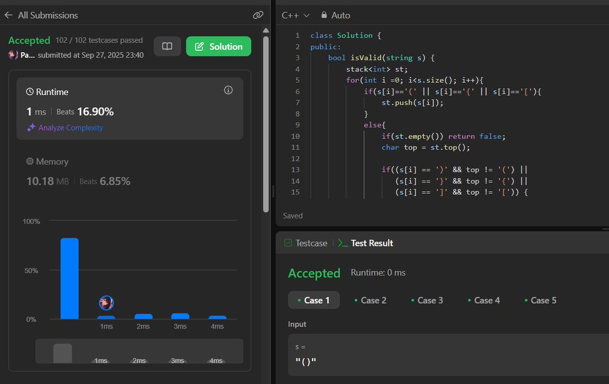 pallavicodes's tweet image. Day 58 of #100DaysOfCode 

LeetCode 20: Valid Parentheses
Use a stack to validate parentheses.
Push opening -&amp;gt;check matching on closing -&amp;gt; pop.
#LeetCode #cpp #dsa #100DaysOfDSA