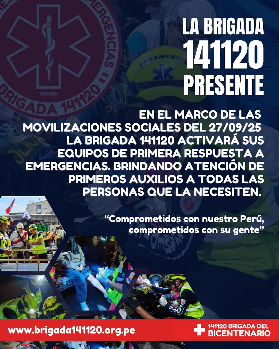 En el marco de las movilizaciones sociales del 27/09 la <a href="/Brigada141120/">Brigada 141120</a> activará sus equipos de primera respuesta a emergencias. Brindando atención de primeros auxilios a todas las personas que lo necesiten. 
#Brigada141120 comprometidos con el Perú 🇵🇪 
brigada141120.org.pe