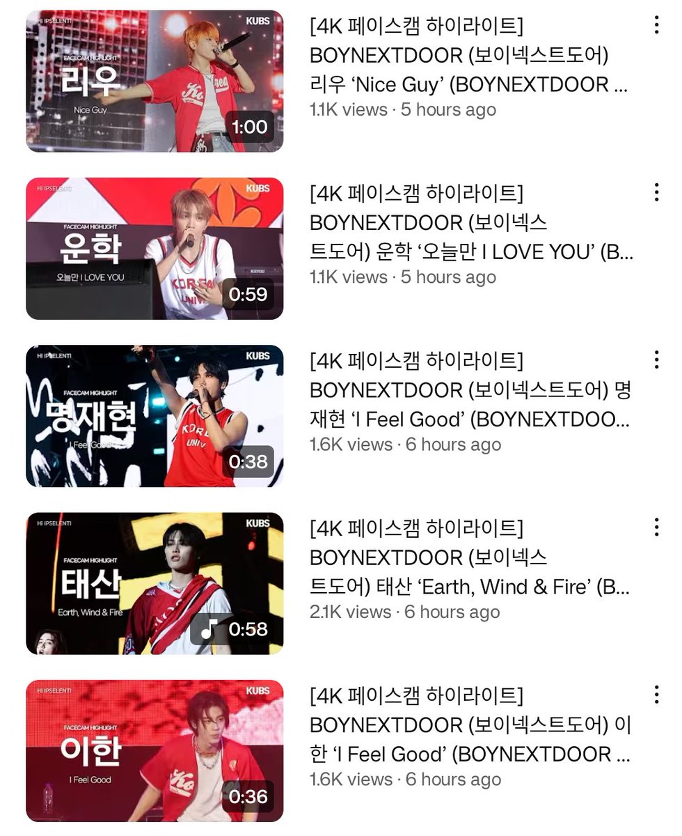 🎥 [#VIDEO] 250927 #BOYNEXTDOOR

2025 Korea University HI-IPSELENTI 4K FACECAM HIGHLIGHT

🦦 youtu.be/QwvGLCXHbac?si…
🧸 youtu.be/Ikkjg1AJXvQ?si…
🐶 youtu.be/QtGV5NvWglI?si…
🐈‍⬛ youtu.be/RFgol0NH8Ks?si…
🦁 youtu.be/Y4-5PhUNShw?si…