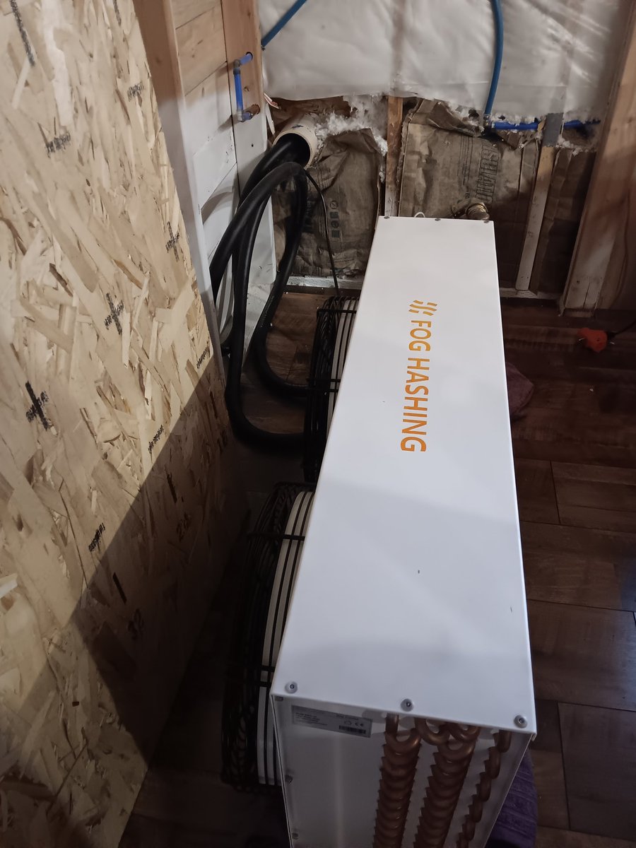 SoftwarmLLC's tweet image. This Bitcoin mining heater is a roughed in and functional install with external heat dump and thermostat control. The owner has a fixed heat demand, so this replaces existing costs.

Per day it currently produces $10-13 worth of Bitcoin. It consumes 6-10kW/hr, and provides 20-34k…