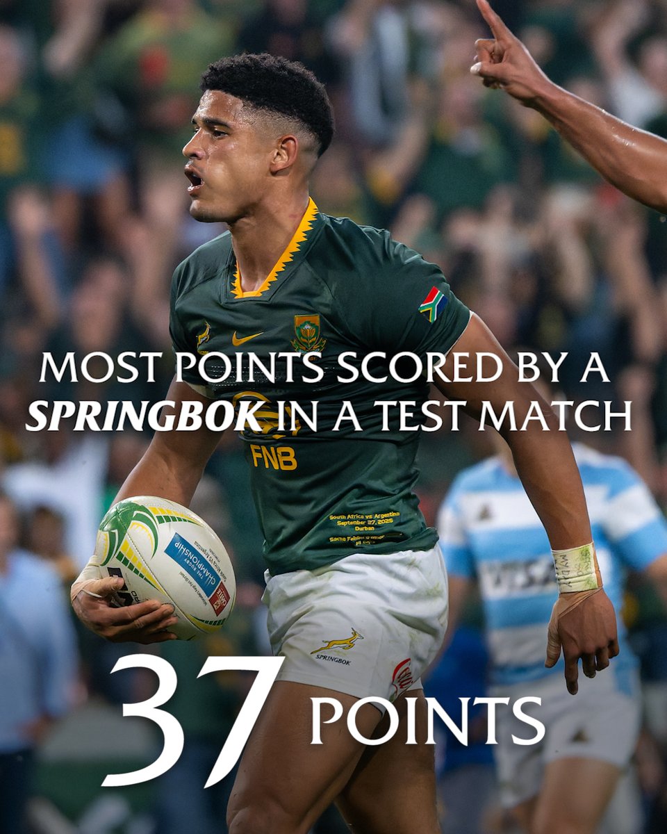 Sacha Feinberg-Mngomezulu 💫

3⃣ tries
8⃣ conversions
2⃣ penalty goals

#RSAvsARG | #TheRugbyChampionship