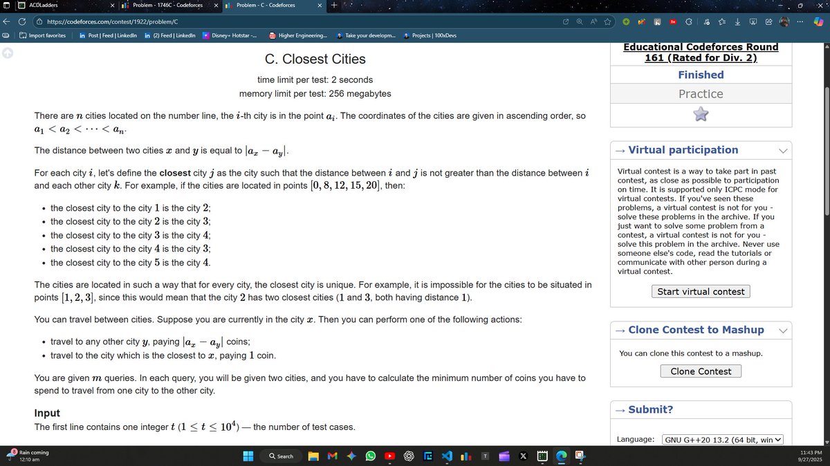 parveen125690's tweet image. Day 46 of #100DaysOfCode
🔹Solved C. Closest Cities
🔹Learned how to use prefix and sufix technique to find min ans for two cities
#Codeforces #Leetcode #DSA #ProblemSolving