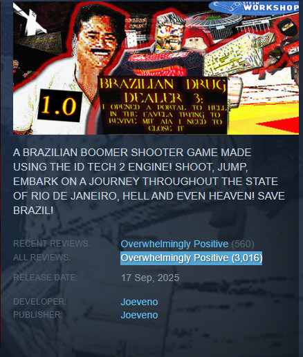 my game BRAZILIAN DRUG DEALER 3 just reached 3000 reviews on total steam reviews!! Such a huge honor thank you all so much for the amazing support!! Check it on steam :)  store.steampowered.com/app/3191050/ #games #indiedev #gamedev #boomershooter #indie #fps #indiegame