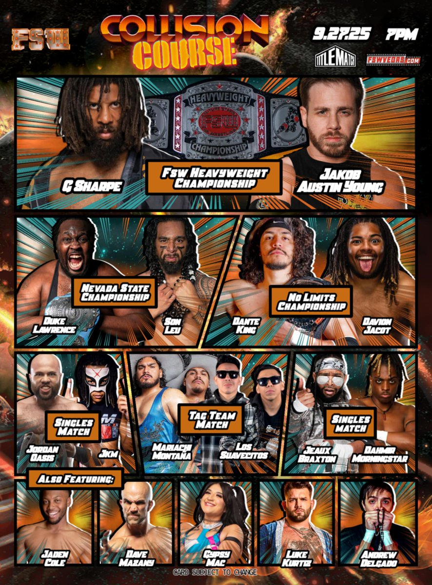 FSWVegas's tweet photo. 🚨 TONIGHT on @TitleMatchWN! 🚨

💥 FSW Collision Course
📅 Tonight, Saturday, Sept 27, 7PM
🏟️ FSW Arena | #LasVegas 

🎟️ Ticket + Streaming links in bio! 

📍 FSW Arena, 6035 Harrison Drive, Las Vegas, NV, 89120 (5 mins from Harry Reid Intl Airport) https://t.co/vS58jS3S0T