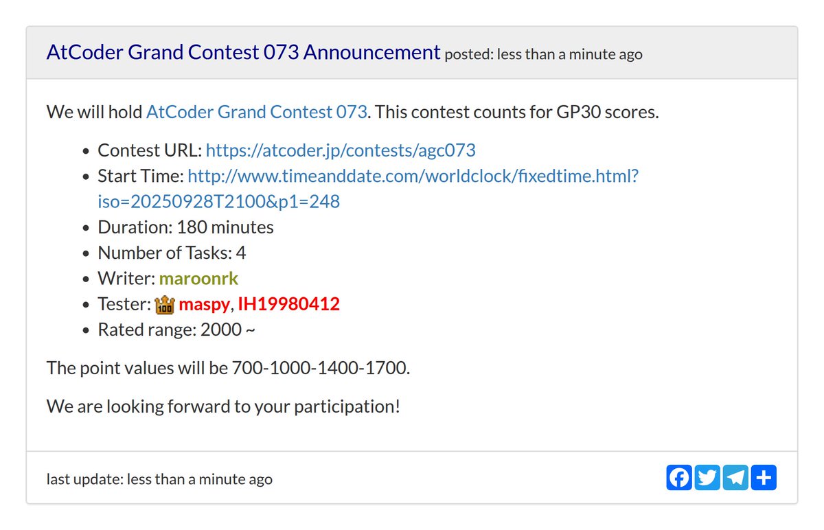 AtCoderInfoBot's tweet image. お知らせが更新されました
AtCoder Grand Contest 073 Announcement
atcoder.jp/posts/1562