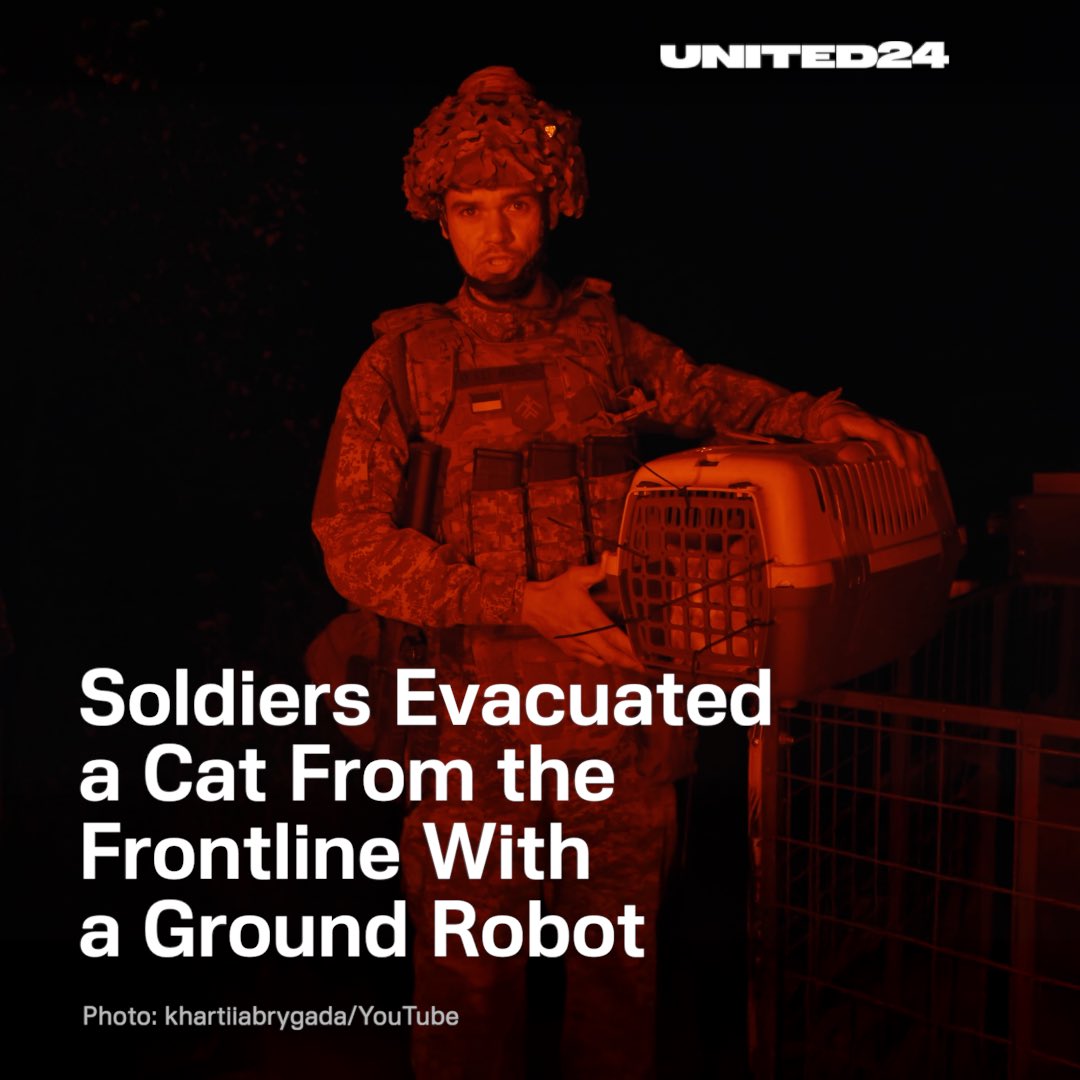 Defenders from the <a href="/khartiia_eng/">Khartiia in English</a> brigade evacuated a cat from the frontline using a ground robotic platform. u24.gov.ua/allies-of-stee…