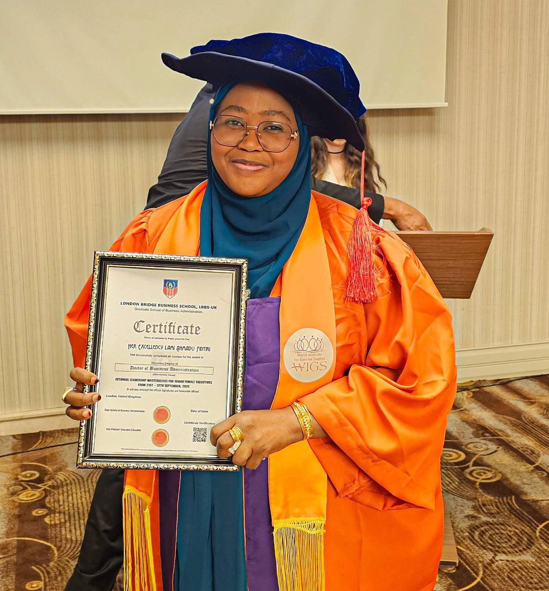 I congratulate my dear wife, Hajiya Lami Ahmadu Fintiri, on her conferment with an Honorary Doctorate Degree of Business Administration by LBBS-UK.
This recognition reflects her dedication to service, leadership, and the values we hold dear.
On behalf of the Government and people