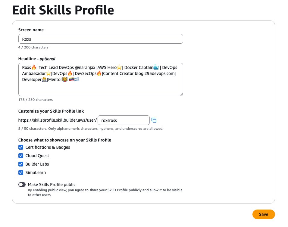 RoxsRoss's tweet image. ✨ ¡Genial novedad en #AWSSkillBuilder!
🩵 Ahora podés mostrar todas tus certificaciones, insignias y logros en un perfil profesional y compartible 🚀
⚡ Con integración directa a LinkedIn 💼
🔗 skillsprofile.skillbuilder.aws/profile

🔥 Tu conocimiento también merece brillar.