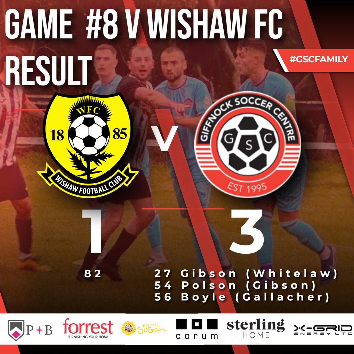 Game #8
<a href="/WishawFC/">Wishaw Football Club</a> 1 v 3 <a href="/GiffnockWOSFL/">Giffnock SC WOSFL</a>

A strong performance to take the 3 points today away to Wishaw.

Quite a few chances before breaking the deadlock - but for the keeper's performance, could have had a few more early doors. A good 1/2 hr settled the deal in the 2nd half.