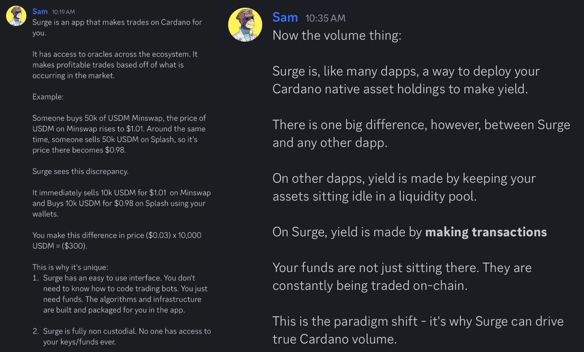 two gems from <a href="/SurgeCardano/">Surge</a> ⬇️

team is taking testnet feedback and making improvements before mainnet, 3-4 weeks.

they’ve also committed 50k ADA to create daily vol of 1m ADA for $SURGE when it goes live.

something new to cardano that could play a major role for eco activity.