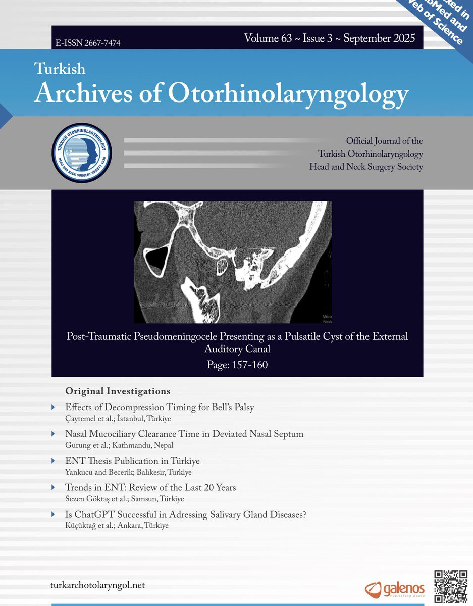 TurkArchORL's tweet photo. New issue of Turkish Archives of Otorhinolaryngology is published and available online.
https://t.co/8opkWSlk7p https://t.co/EAJCEQzlGd