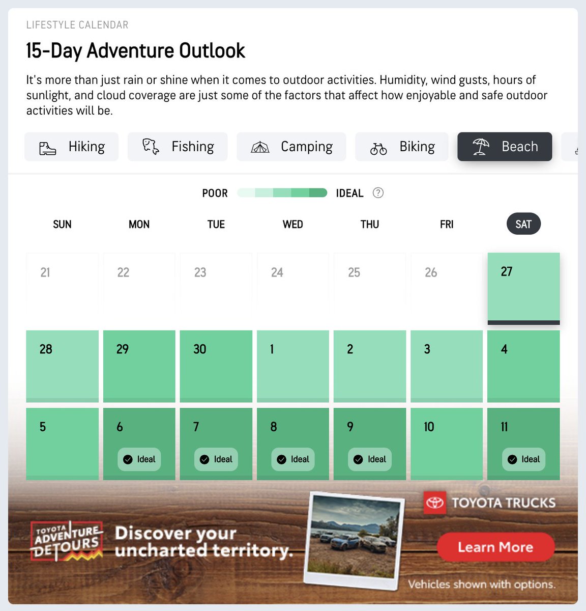 dev1ka's tweet photo. I'm delighted by the Adventure Outlook Calendar on @AccuWeather - it basically tells you which days ideal for hiking, fishing, etc. 

It's the kind of feature that ends up below the cut line because you don't know whether anyone will use it. Well, I just did. 

The subtle ad integration in the background is also super sleek.