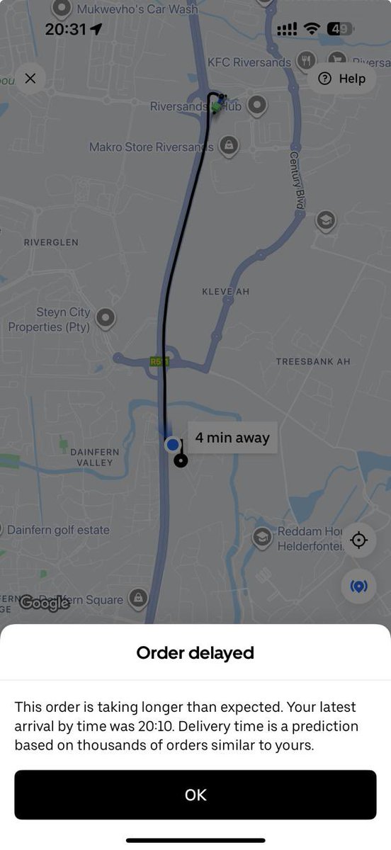 ThobyMenze's tweet photo. @Uber_RSA My partner ordered food from Kota Square. We were given an original ETA of 19:53. It is now 20:36 and the driver is not moving from the last location. The order was collected from Kota Square 45 minutes ago. My partner sent a message but there’s no reply. https://t.co/UPHHTy59XV