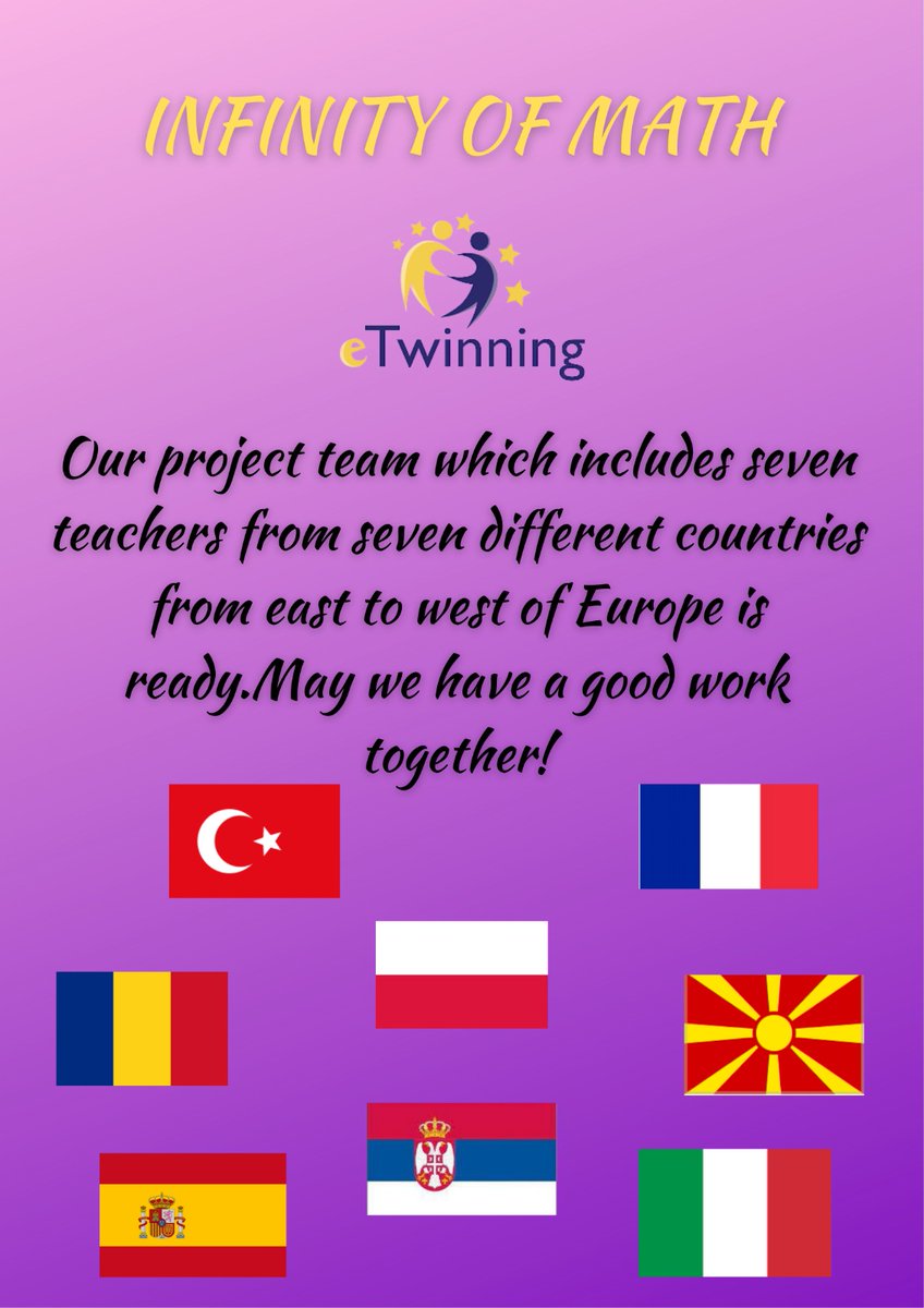 esraatalay_'s tweet photo. Excited to announce our new European eTwinning project Infinity of Math, founded together with our French partner! Looking forward to inspiring collaborations and creative math journeys ahead. ✨📐🌍 @tretwinning @eTwinning_ist @eTwinningDestek @pendikttmtal @PendikMEM 
🎊🌸👏 https://t.co/KqPEwGPESc