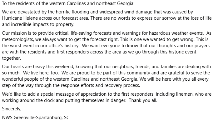 LETTER TO THE PUBLIC: Our hearts go out to everyone impacted by Helene. The resilience of all the communities in our Forecast Area is inspiring. Please know that our office will forever stand with the residents of the western Carolinas and northeast Georgia. ❤

#scwx #ncwx #gawx