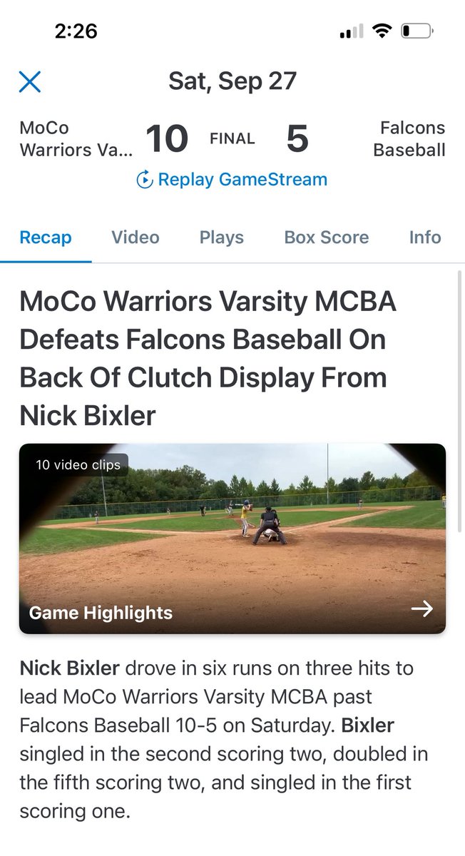 Nice Saturday for the AAA Warriors and <a href="/GburgAthletics/">Gburg Athletics</a> 2026 <a href="/Nicholasbixler7/">Nicholas Bixler</a> striking out 15 over 6 innings and going 3-4 with 5 rbi in game 2. Great job Warriors.