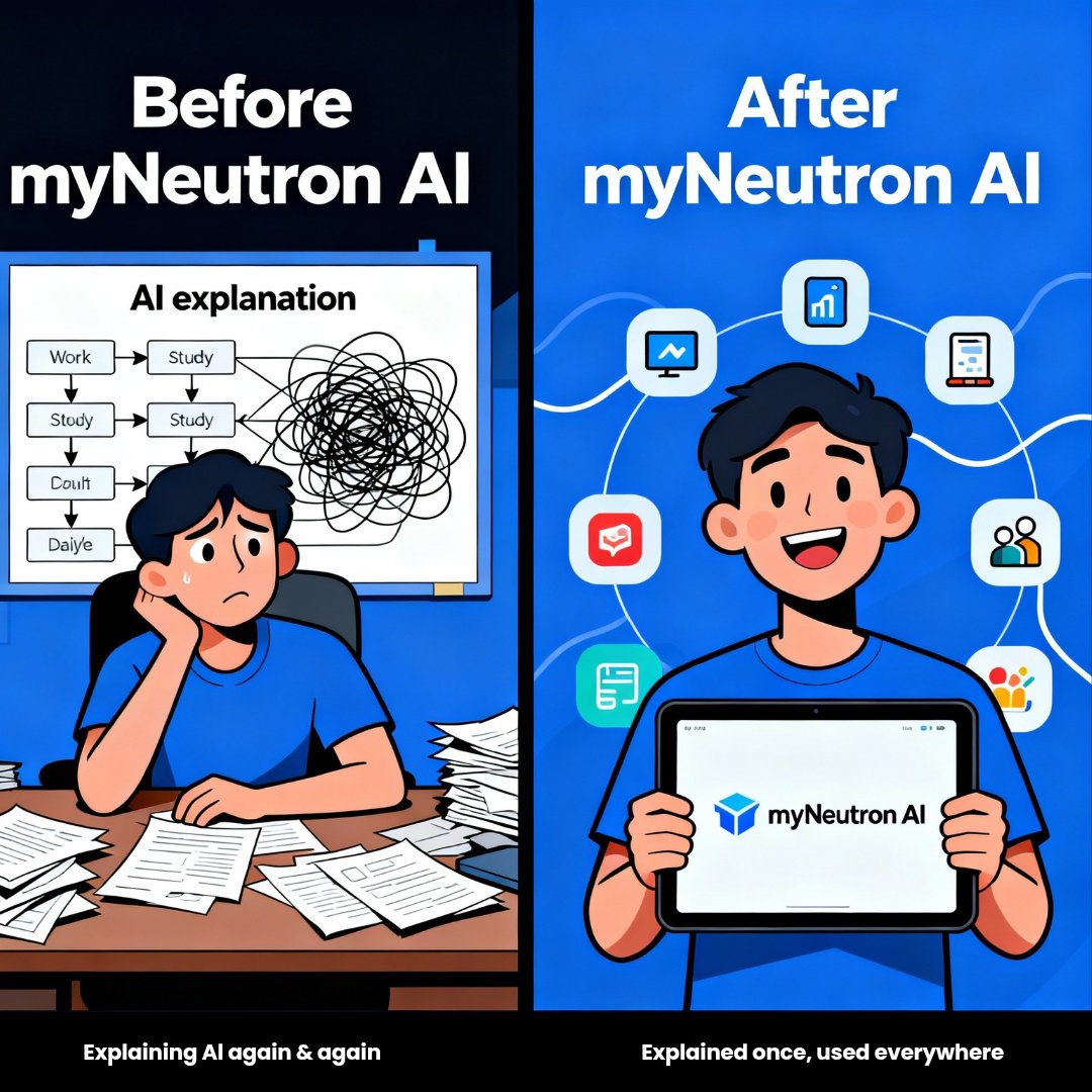 Akash93892149's tweet image. Remember when using AI meant spending half your time explaining it? 🤯

Now with @myneutron_ai, explain once → use everywhere.

50% explaining → 100% creating ✅

#AIWorkflow #ProductivityHack #myNeutron