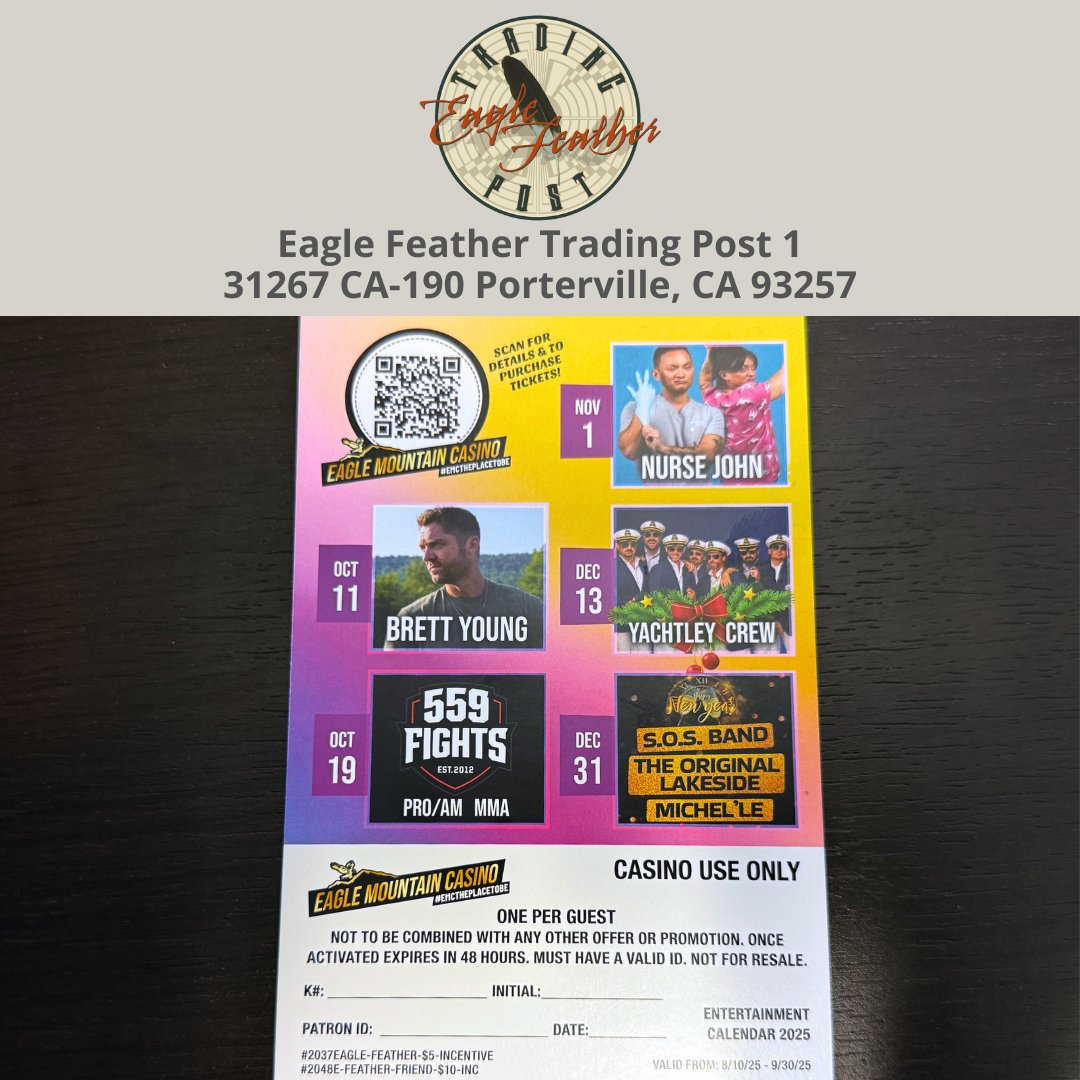 eftp1p's tweet image. Get $5 of Free Play yourself, or bring a friend to get $10 of Free Play at EMC!

Grab a Free Play flyer at Eagle Feather Trading Post or Stoney Creek BBQ, courtesy of Eagle Mountain Casino! New flyers valid from Aug. 10th - Sept. 30th.

#EagleFeatherTradingPost
#EMCThePlaceToBe