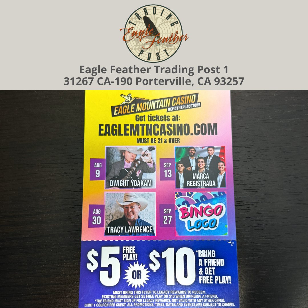 eftp1p's tweet image. Get $5 of Free Play yourself, or bring a friend to get $10 of Free Play at EMC!

Grab a Free Play flyer at Eagle Feather Trading Post or Stoney Creek BBQ, courtesy of Eagle Mountain Casino! New flyers valid from Aug. 10th - Sept. 30th.

#EagleFeatherTradingPost
#EMCThePlaceToBe