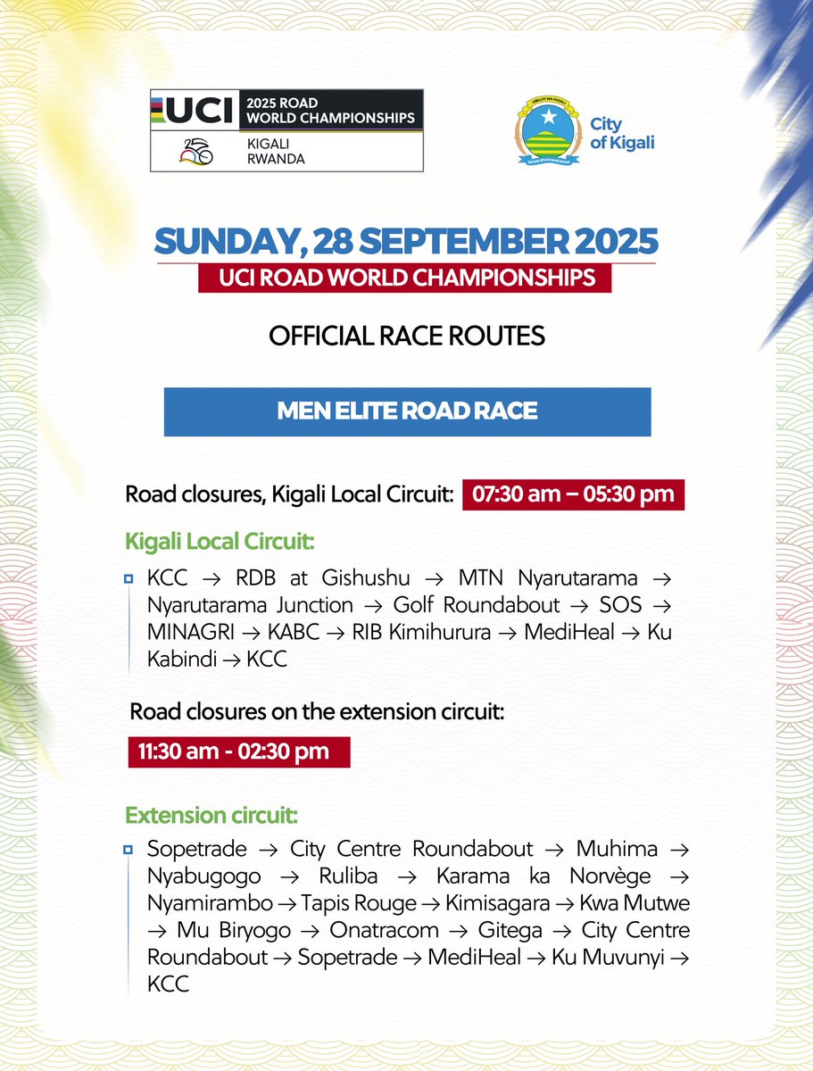 City of Kigali (@cityofkigali) on Twitter photo Tomorrow, Sunday, marks the grand finale of the UCI 2025 Road World Championships in #Kigali.
The spotlight is on the Men’s Elite Road Race, a thrilling conclusion to an unforgettable week of cycling. 🚴♂️
Nyarugenge, it’s your moment! Let’s fill the streets once again and cheer Tomorrow, Sunday, marks the grand finale of the UCI 2025 Road World Championships in #Kigali.
The spotlight is on the Men’s Elite Road Race, a thrilling conclusion to an unforgettable week of cycling. 🚴♂️
Nyarugenge, it’s your moment! Let’s fill the streets once again and cheer