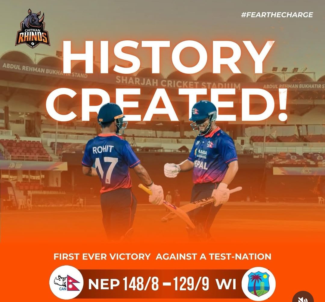 chitwan_rhinos's tweet image. Nepal creates history in Sharjah. First ever victory against a full member nation. Won by 19 runs against the mighty West Indies, two-time world champions. First of many.

#NepalCricket #UnityCup #NEPvWI #RhinoFans