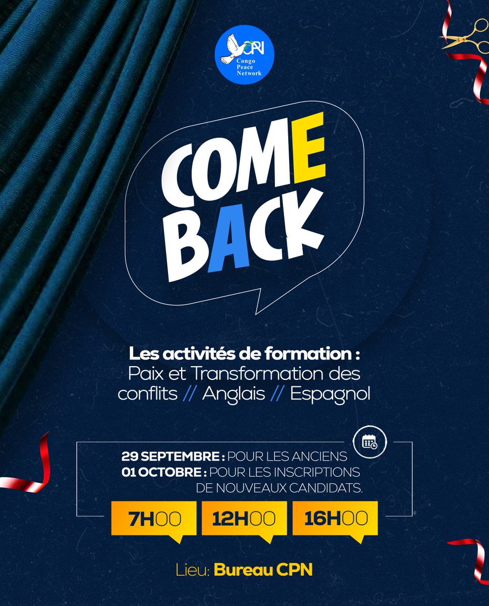 #Goma : Nos formations reprennent.
Après une longue pause depuis janvier, nous lançons un retour progressif:

📅29/09 : consultations pour les anciens étudiants
📅01 &amp; 02/10 : inscriptions pour les nouveaux (Anglais, Espagnol,Paix &amp; Conflits)
📍Plus d'infos +243 981952399
#Karibu