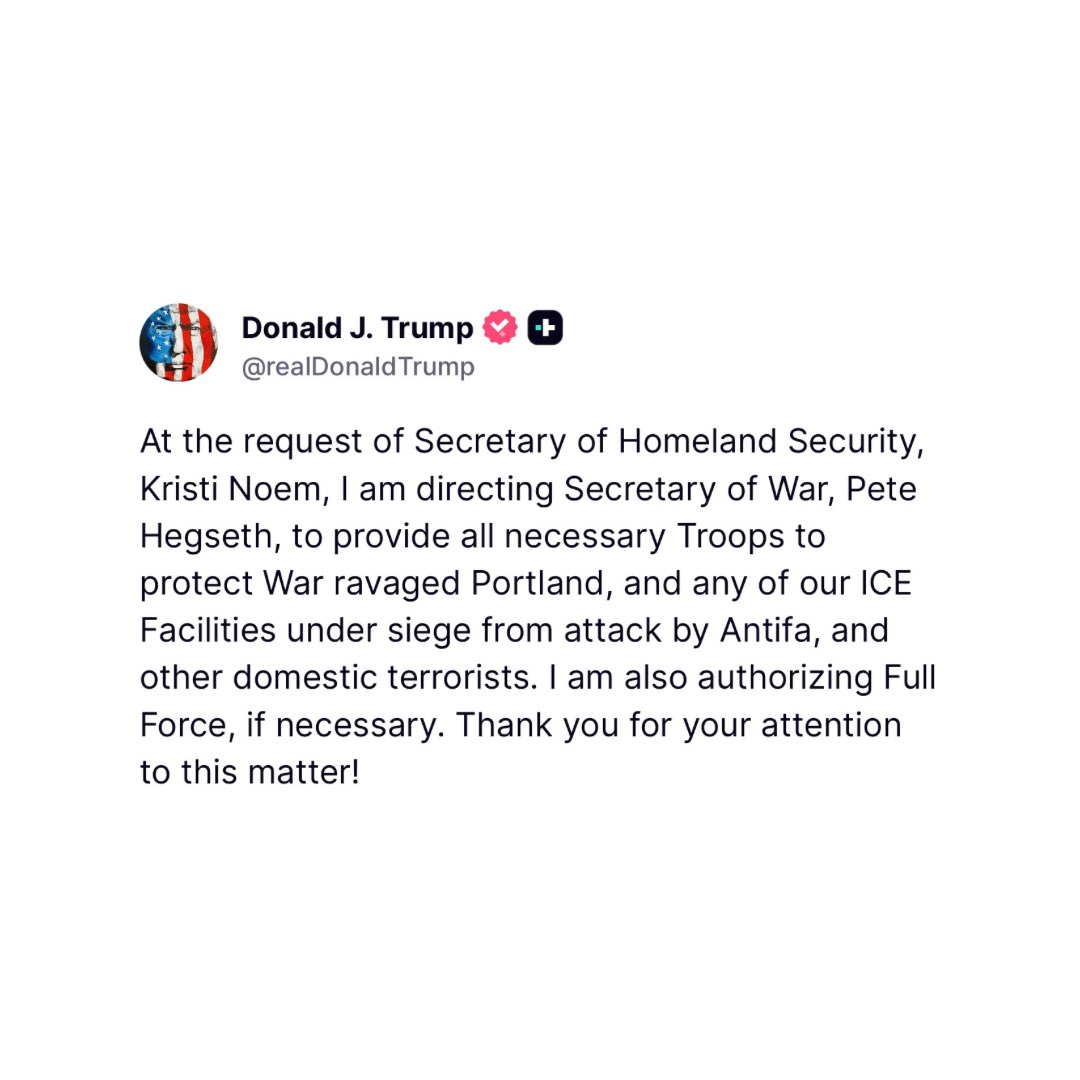 EricLDaugh's tweet image. 🚨 MAJOR BREAKING: President Trump SURGES the troops to Portland and ICE facilities to defend against ANTIFA terrorist assaults — and he’s authorizing “FULL FORCE,” if necessary.
“At the request of Secretary of Homeland Security, Kristi Noem, I am directing Secretary of War,…