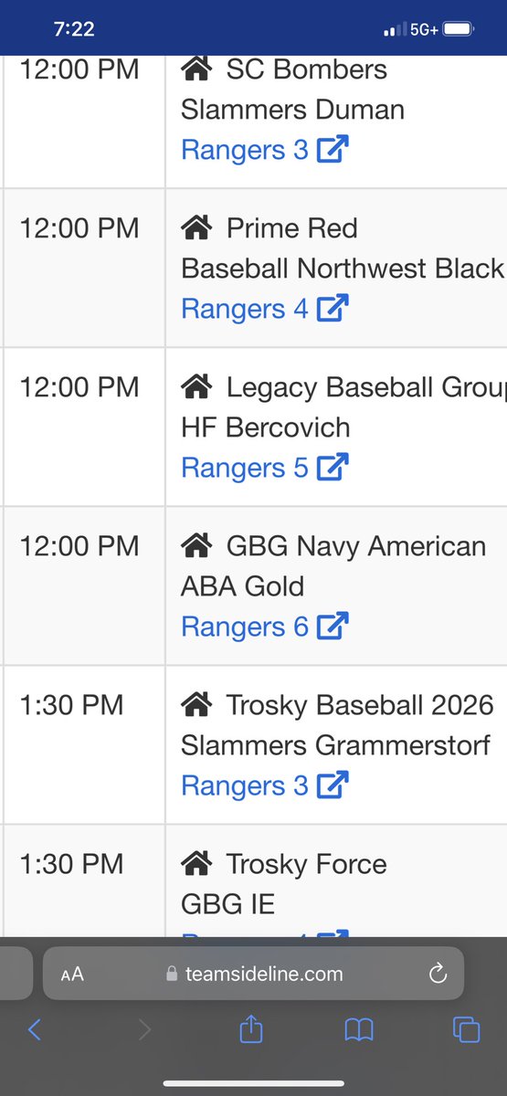 Due to rain game has been moved to 12:00 pm on rangers 6