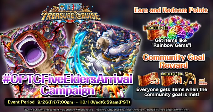 solihansah37127's tweet photo. #OPTCFiveEldersArrival Campaign now Live ￼ Get up to 50 Rainbow Gems ￼ Join now ￼ https://t.co/EuR3rfiFsE #ONEPIECE #OPTC https://t.co/qnvu8iKcHL