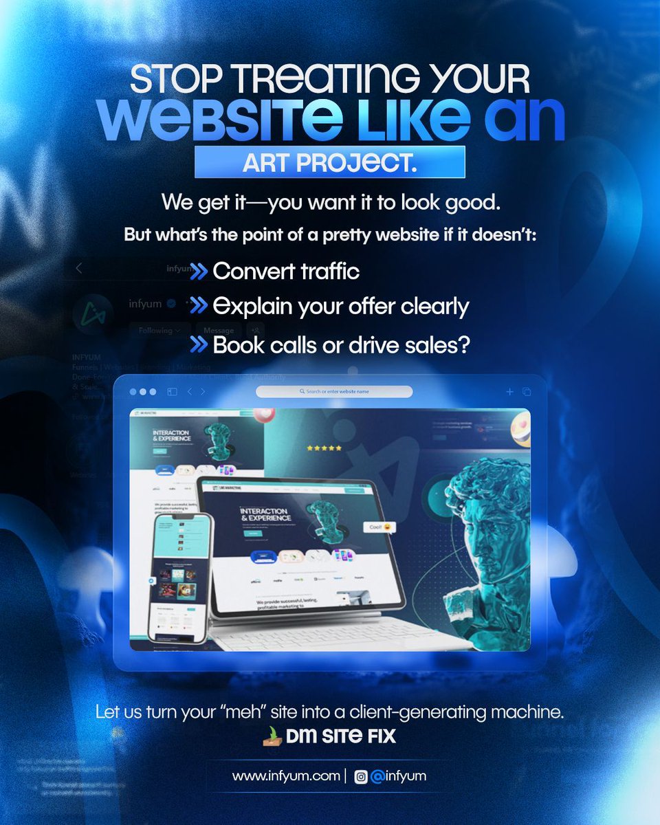 infyum's tweet image. Stop treating your website like an art project.
It’s not a portfolio. It’s a sales tool.

A pretty design won’t:
 – Convert traffic
 – Clarify your offer
 – Book clients
But a strategic site will.
DM SITE FIX and let’s turn “meh” into money.

#WebsiteRant #DesignForSales…