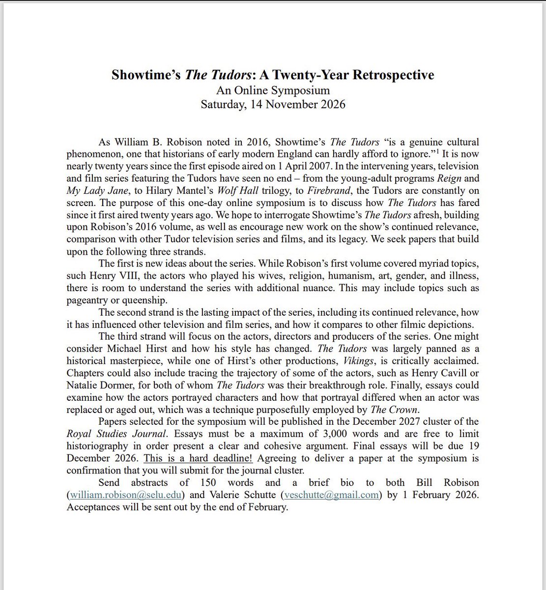 New CFP!! Showtime's The Tudors is turning 20 and to celebrate Bill Robison and I are putting on a one-day online symposium.