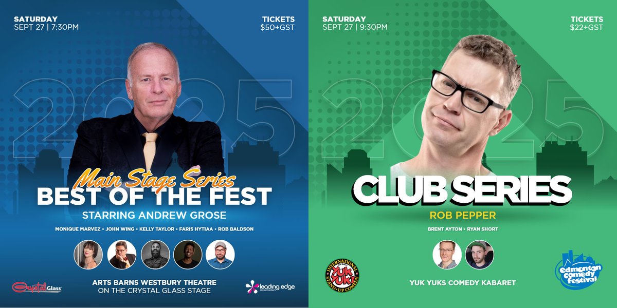 We have 2 shows left with tickets still available. Take in Andrew Grose &amp; friends tonight at 7:30 in the Westbury Theatre or Rob Pepper tonight at 9:30 in Yuk Yuks.
yegcomedy.com