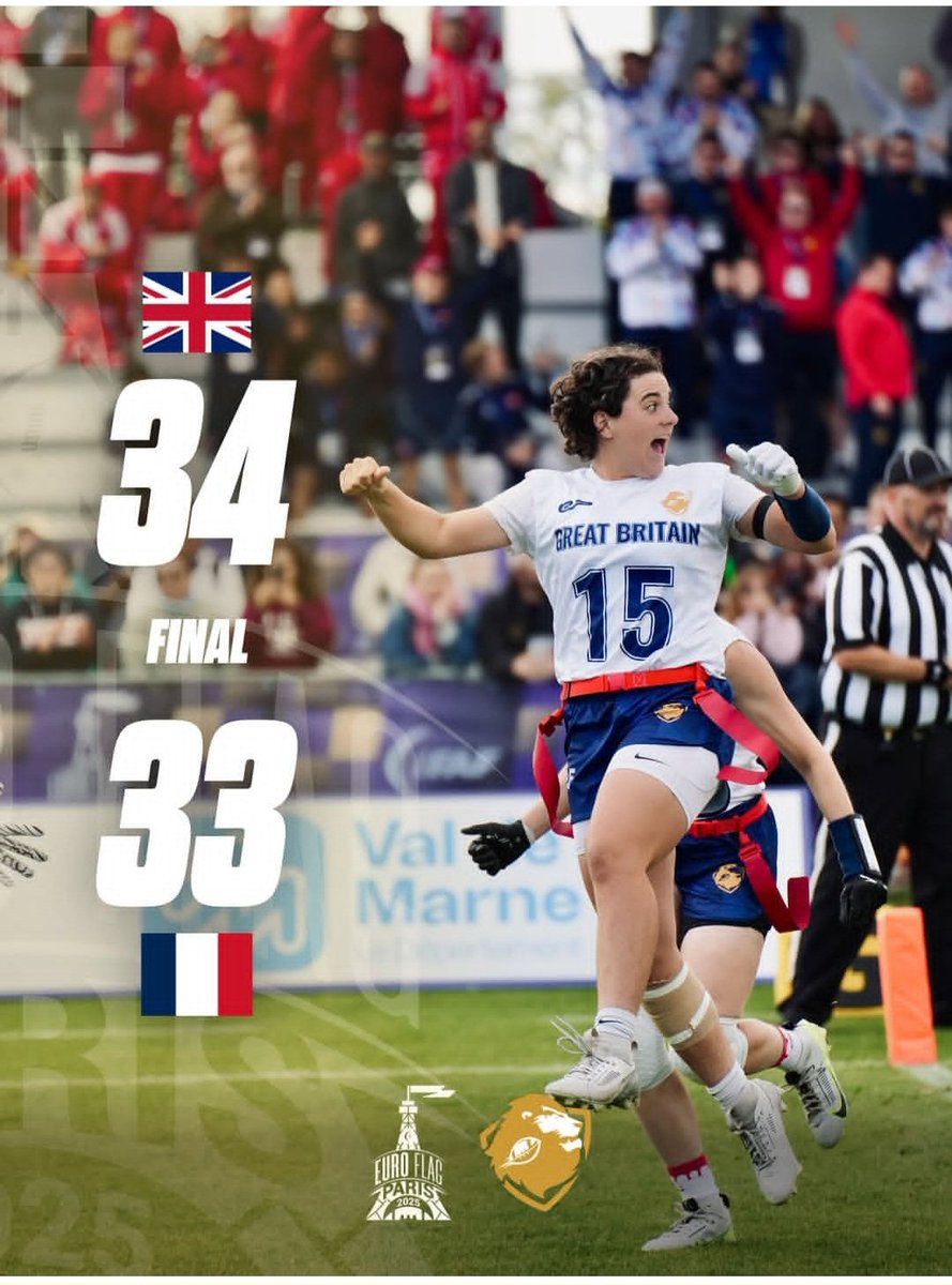 Great Britain are champions of Europe!
Emily Kemp leads GB to the gold medal in Paris with 3 receiving TDs and 1 Passing TD in an epic performance over Austria to avenge the loss in the World Games. 
See you in Dusseldorf in 2026 for the IFAF World Championships.
