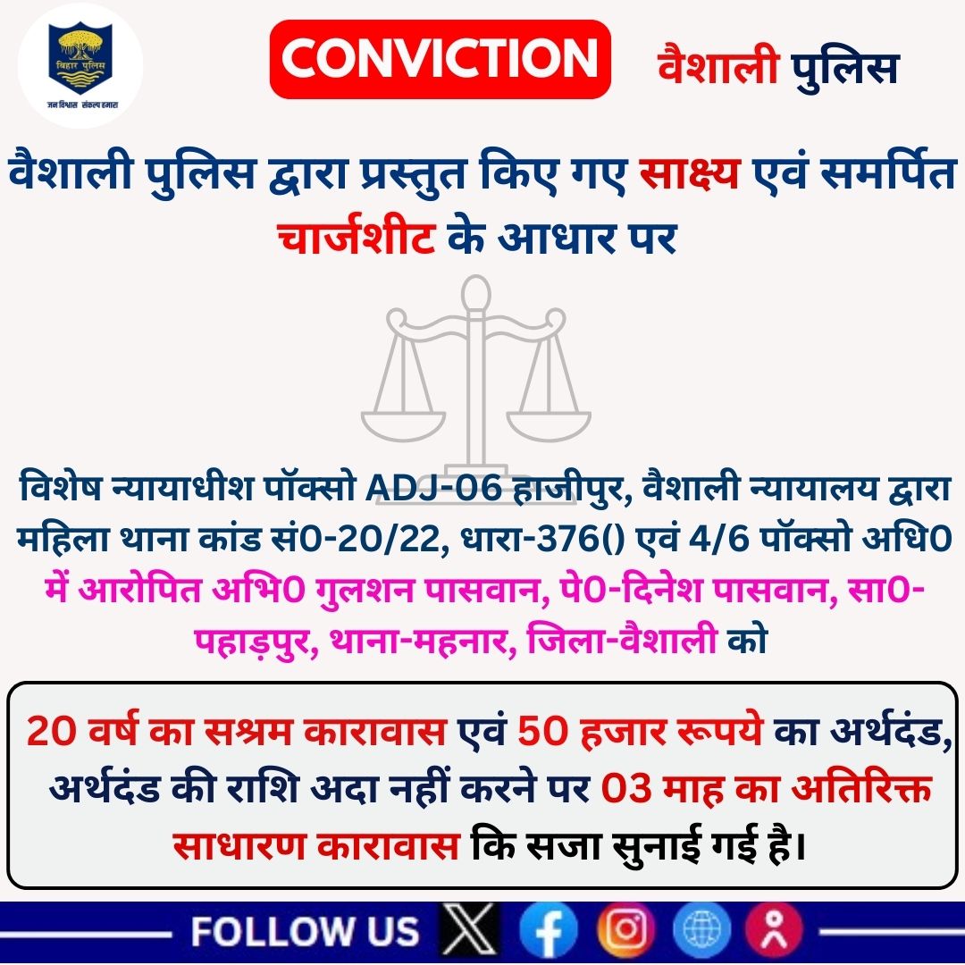 वैशाली पुलिस द्वारा प्रस्तुत किए गए साक्ष्य एवं समर्पित चार्जशीट के आधार पर  सजा सुनाई गई ।
<a href="/bihar_police/">Bihar Police</a> #hajipur 
<a href="/IgTirhut/">IG TIRHUT RANGE MUZAFFARPUR</a> #hajipur