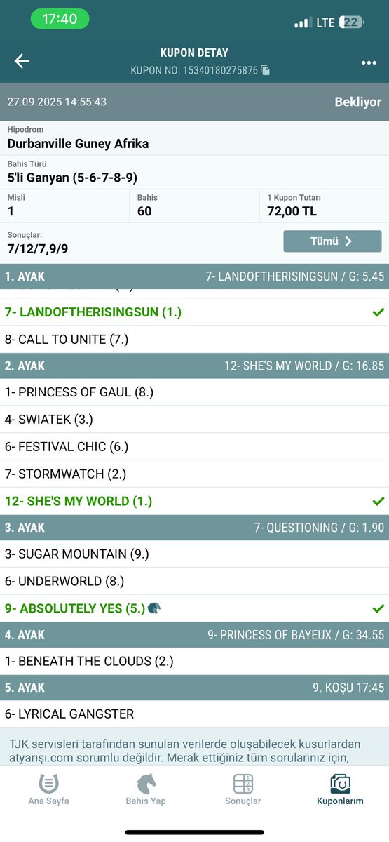 Yok ya yok gerçekten bugün şans benimle değil yani bu üçüncü kupon üç tane altılı yapıyor Amerika Afrika Ankara hepsi son ayaktan gidiyor ya şu an kaçırdığım para