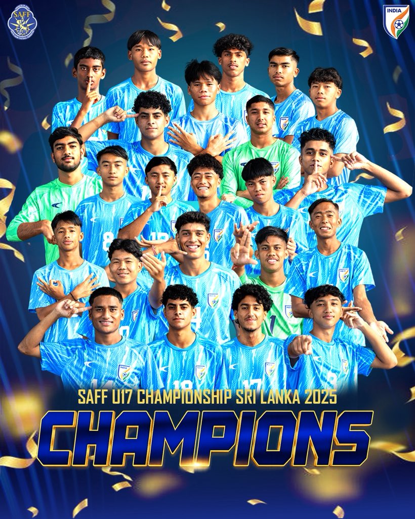 IndianFootball's tweet photo. 🏆🏆🏆🏆🏆🏆🏆

INDIA are SAFF U17 𝐂𝐇𝐀𝐌𝐏𝐈𝐎𝐍𝐒 for the 7⃣th time! 🇮🇳 

#U17SAFF2025 #IndianFootball ⚽️ https://t.co/mg9gxhBfZI