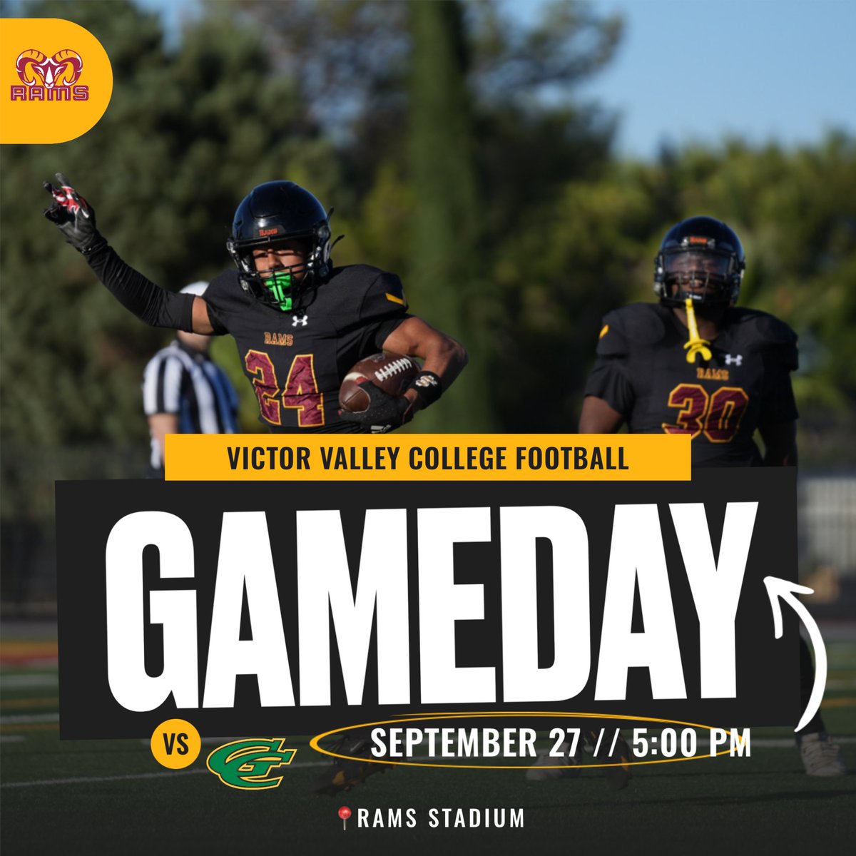 🏈 GAME DAY VIBES 🏈
The Rams are BACK at home and ready to defend the turf!
🆚 Grossmont College
📍 VVC Stadium
🕔 Kickoff: 5 PM
🔥 Record: 4-0 — Looking to make it 5-0!
Come out and bring the energy! 💪
#HornsUp🤘