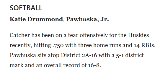 Pawhuska Athletics (@pawhuskasports) on Twitter photo Congrats <a href="/katiedrummond09/">Katie Drummond</a> ππΌππΌππΌ #DawgsEAT
#softball #NoExcuses #playoffs2025 Keep up the hard work!! π€π€ Congrats <a href="/katiedrummond09/">Katie Drummond</a> ππΌππΌππΌ #DawgsEAT
#softball #NoExcuses #playoffs2025 Keep up the hard work!! π€π€