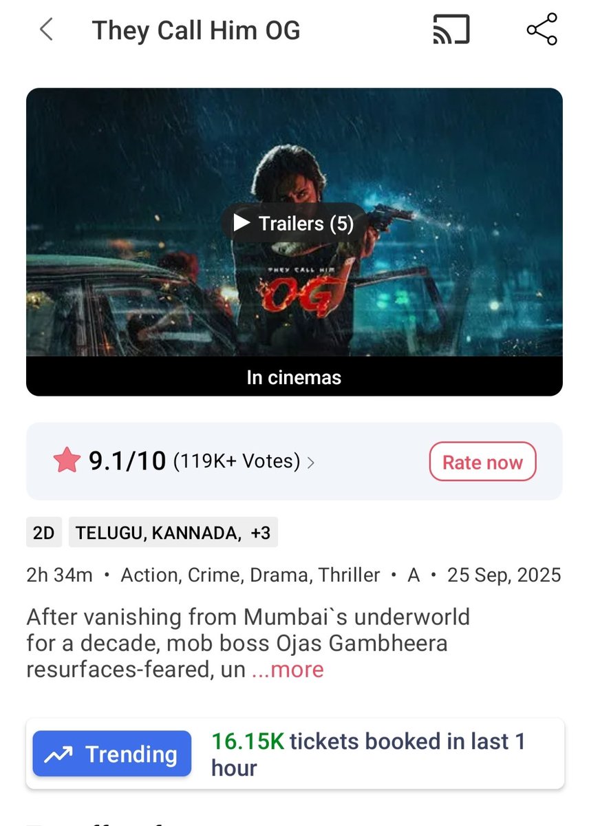 Even with the relentless downpour, movie bookings are thriving 😎🔥 

Note : District app is the official partner for OG 
#og #TheycalllHimOG 
#firestromiscoming 
#OGMovie