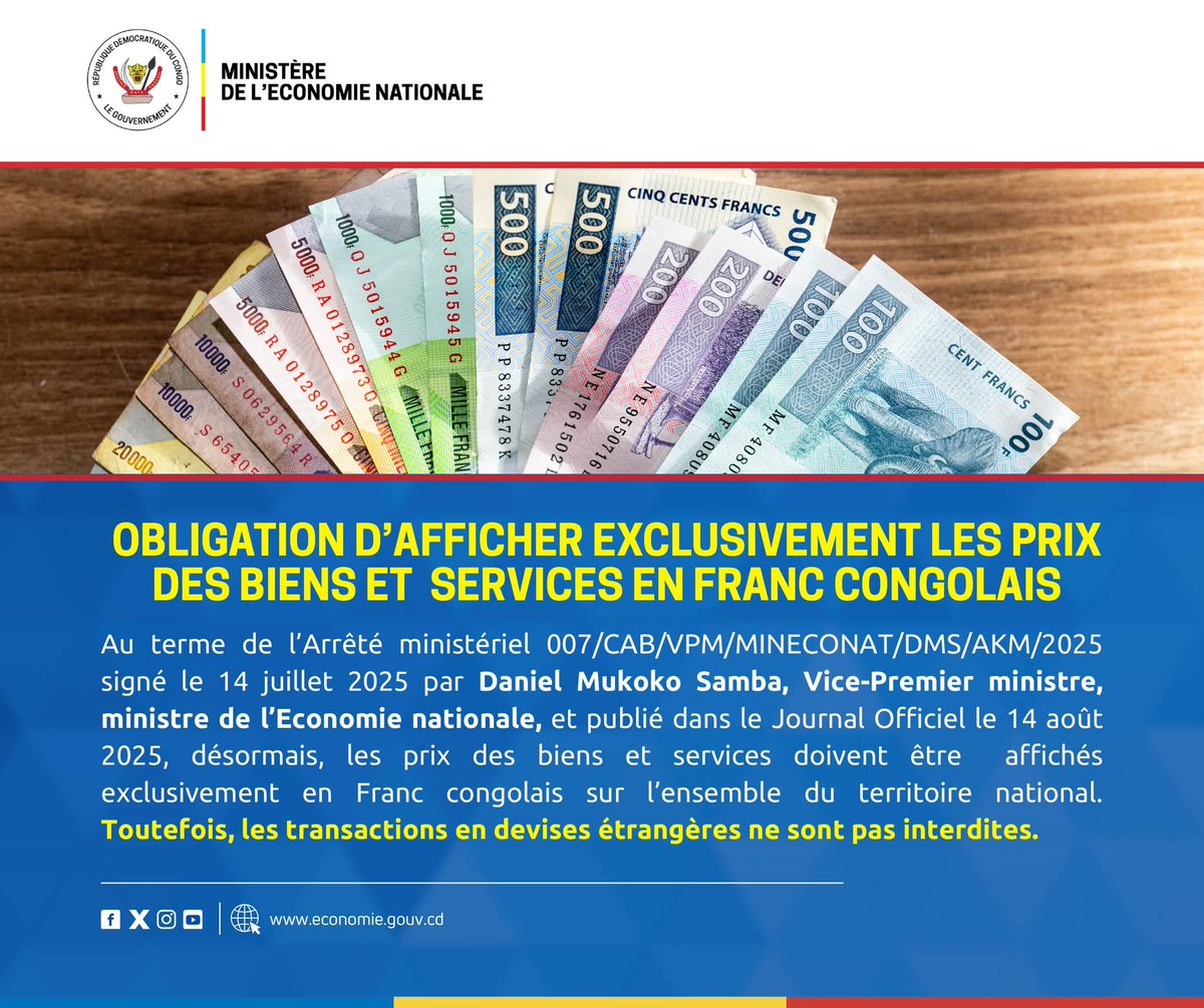 LebonMulumba's tweet image. Affichage des prix en franc congolais : le Vice-Premier Ministre, Ministre de l’Économie Nationale, fixe les règles à travers un Arrêté signé le 14 juillet 2025.

Lebon Abraham Mulumba
