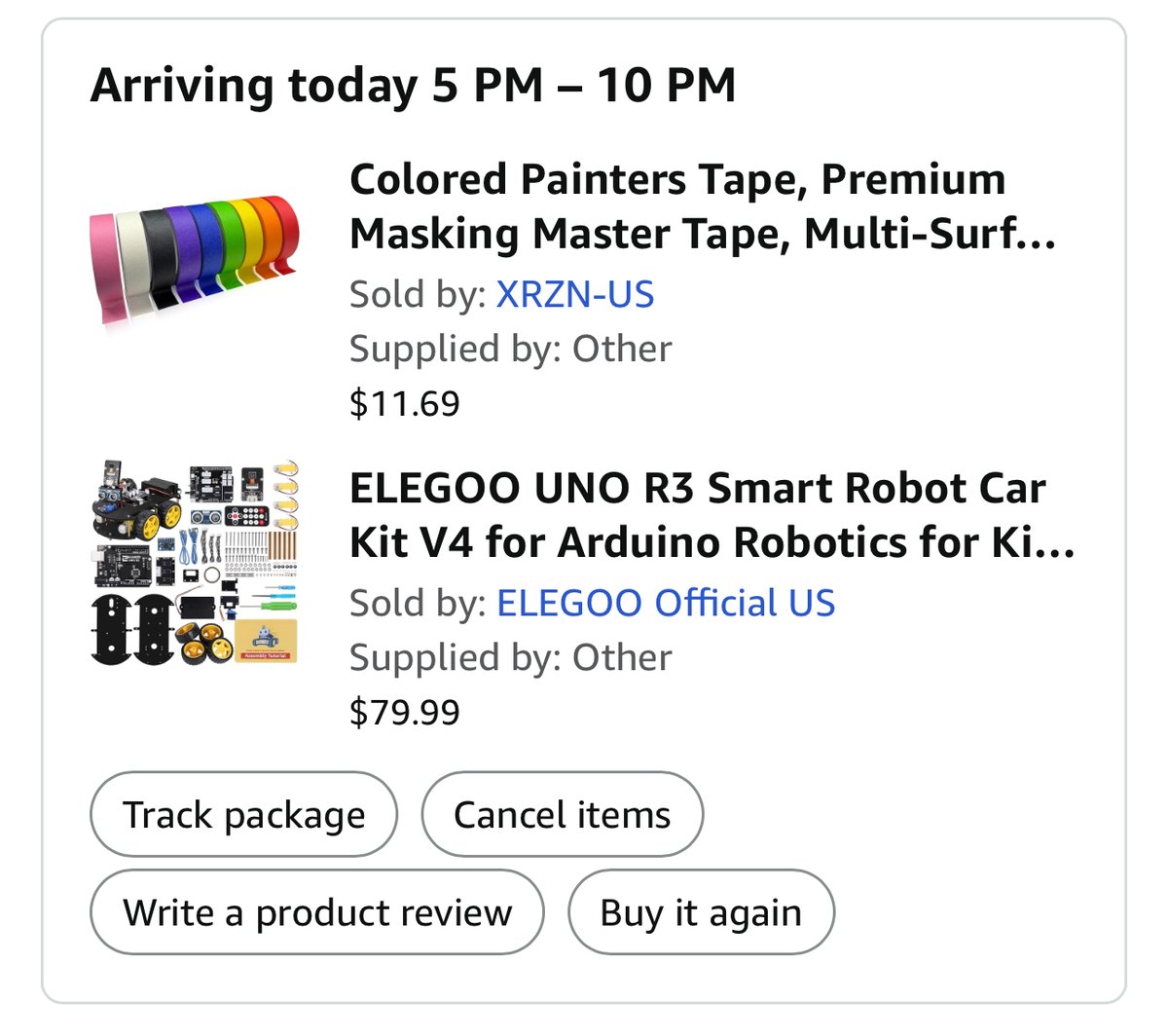 quarleswithtech's tweet photo. Went ahead and ordered the Elegoo Smart Car kit + painters tape so  I can start on Level 2 topics tomorrow. 

Hyped to see what the topics are. Level 1 was about learning to tinker with components. Level 2 is more about learning to combine components as a hobby. https://t.co/rFCoZLMZAi